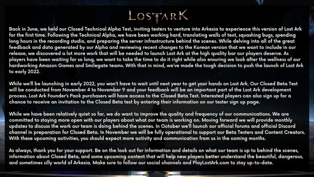 Lost Ark Delayed Until 2022 - Closed Beta In November 1